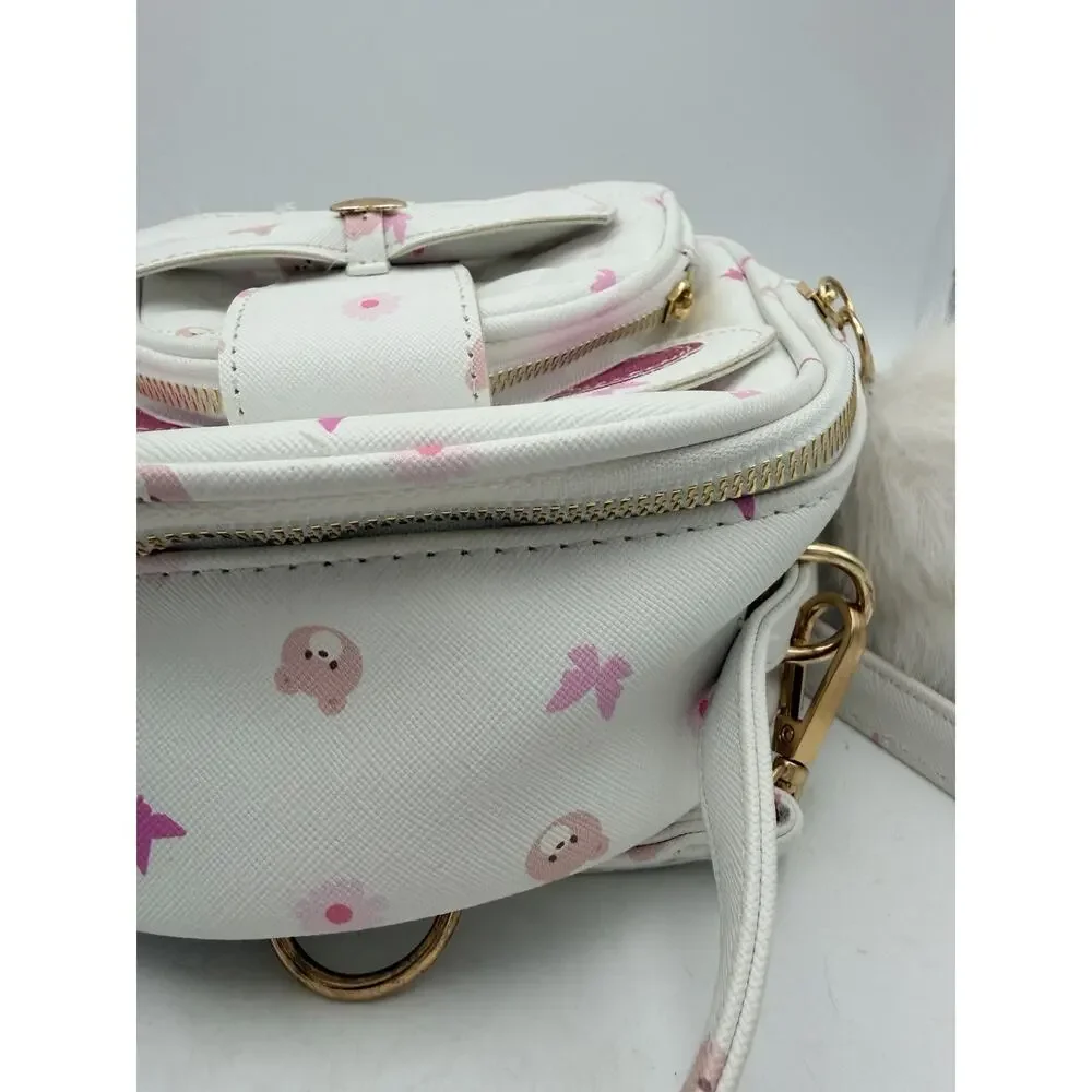 UNDER ONE SKY Mini Backpack Purse White Pink Bear Print Bow Bag Charm